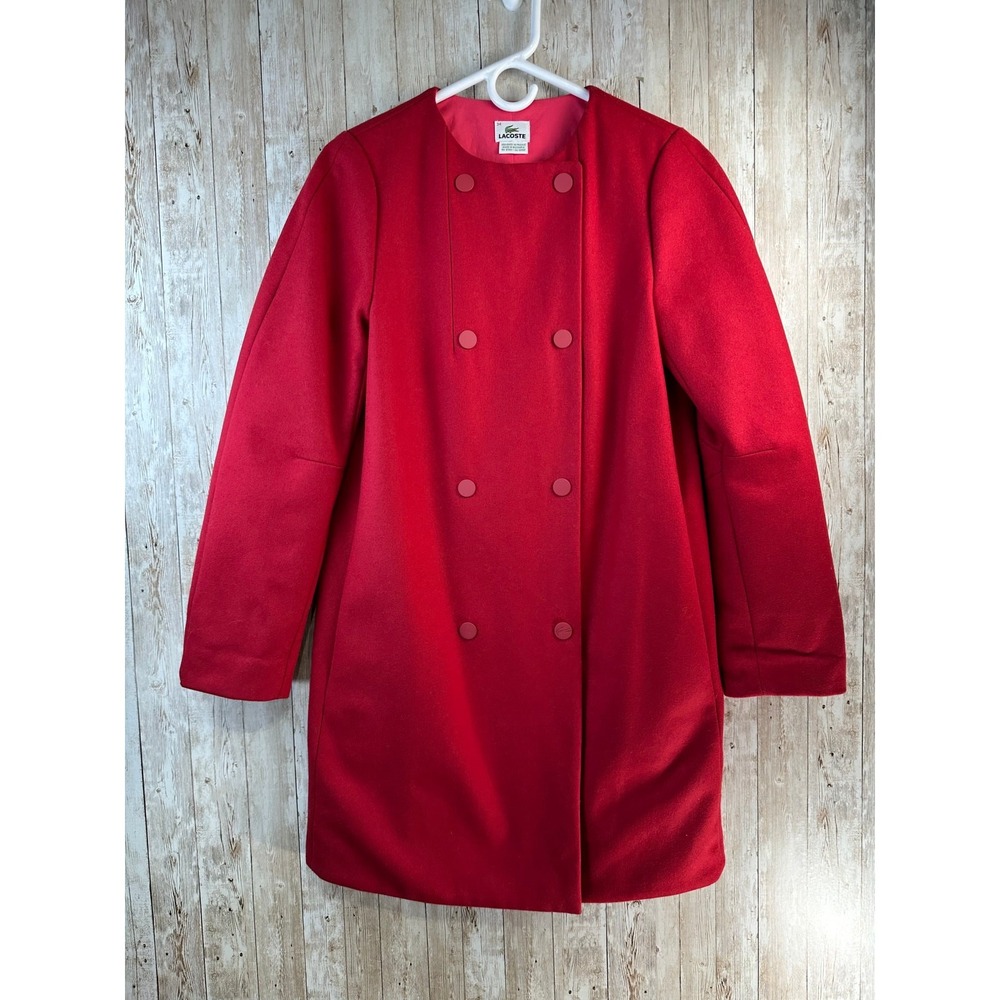 Lacoste Vintage Pea Coat Women 34 XS‎ Red Wool Double Breasted Long Preppy Retro